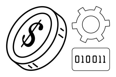 Dolar sembollü sikke, ikili kod ve dijital ekonomiyi, teknolojiyi ve yeniliği gösteren çarklar. Finans, kripto para birimi, fintech, engelleme kodlama bilişim sistemleri için ideal