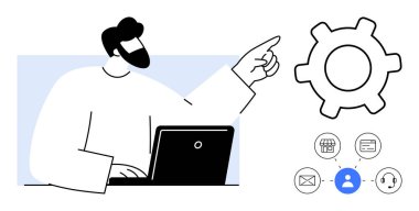 Dizüstü bilgisayarda çalışan adam, elektronik posta, alışveriş, kullanıcı ve hizmetlerin mikro ikonlarını gösteren vites simgesine bakıyor. Takım çalışması, strateji, teknoloji, verimlilik yönetim analizi için ideal basit bir metafor