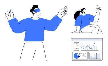 VR kulaklıktaki kişi elementlerle etkileşime giriyor, diğeri de jestler ve analitik içeren veri tabloları kullanıyor. Teknoloji, yenilik, takım çalışması, veri analizi, sanal gerçeklik, basit eğitim için ideal