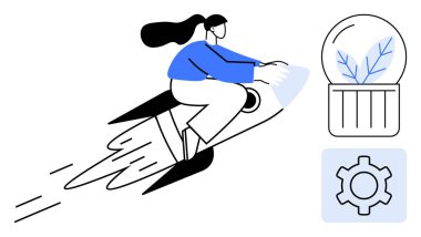 Roketteki kadın yaratıcılığı ve ilerlemeyi simgeler. Yakın semboller arasında yenilik için bir dişli ve büyüme için bir ampul içinde bir bitki yer alıyor. Girişimcilik için ideal, başarı, dijital girişimler, kariyer