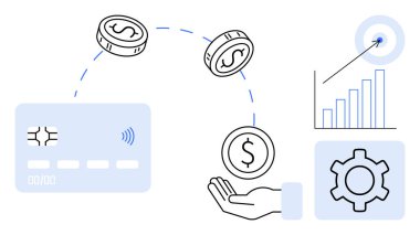 Kablosuz özellikli kredi kartı, uçan paralar, açık avuç içi, bar çizelgesi, oklu hedef, teçhizat. Çevrimiçi ödeme, finans ve tasarruf hedefi için ideal analitik fintech sade iniş sayfası