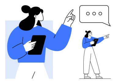 Elinde bir tablet tutan kendinden emin bir kadın konuşma balonunda diyaloğu işaret ediyor ve işaret ediyor. İletişim, liderlik, teknoloji, takım çalışması, işbirliği, eğitim, basit iniş sayfası için ideal