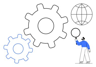 Küresel bir çizgide çember tutan büyük ve küçük dişliler takım çalışması, yenilik ve küresel bağlantıyı vurguluyor. Sorun çözme, mühendislik, işbirliği, sistemler için ideal