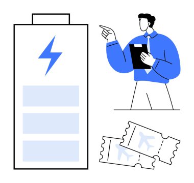 Uçak biletlerinin yanı sıra batarya ikonuna bakan işadamı, üretkenlik, enerji, stratejik planlama, iş hayatı dengesi, gelecekteki hedefler, verimlilik, düz metafor çağrıştırıyor