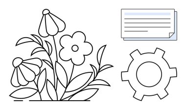 Çiçek açan çizgi sanatı, çark sembolü ve istiflenmiş belge. Doğa, yaratıcılık, üretkenlik, teknoloji, takım çalışması, yenilik için ideal basit iniş sayfası