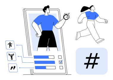 Akıllı telefon ekranında bir adamla fitness temalı uygulama aktivite simgeleri, ilerleme çubukları ve yürüyen bir kadın. Sağlık, egzersiz, motivasyon, analitik, spor hedefleri için ideal basit iniş sayfası