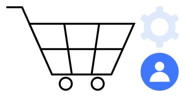 Alışveriş arabası, mavi bir kullanıcı simgesi ve çevrimiçi alışveriş, kullanıcı yönetimi ve kişiselleştirme ile birlikte ana hatları çiziyor. E-ticaret, dijital araçlar, pazarlama, ayarlar, kişiselleştirme için ideal