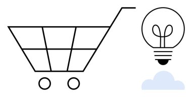 Alışveriş arabası, ampul ve yeniliği simgeleyen küçük bulut, online alışveriş ve yaratıcılığı simgeliyor. E-ticaret, dijital pazarlama, teknoloji, girişimcilik sürdürülebilirlik girişimi için ideal