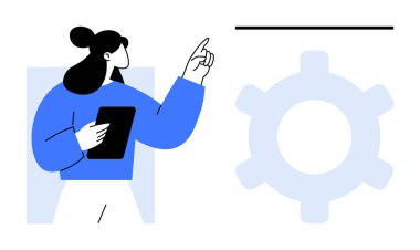 Vitese doğru hareket eden, işbirliği, strateji, yenilik, karar verme, endüstri, dijital araçlar ve teknolojiyi temsil eden bir kadın. Takım çalışması iş akışı yeniliği için ideal