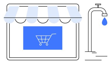 Çevrimiçi vitrinde, tentenin altında alışveriş arabası ve musluğun yanında bir su damlası salınıyor. Sürdürülebilirlik, e-ticaret, denge, tüketim, çevresel etki, ekonomi, tasarruf için ideal