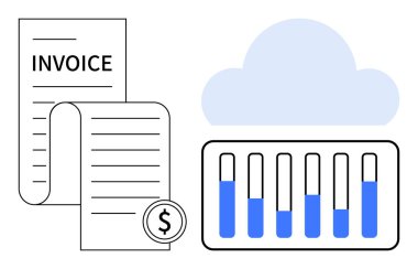 Dolar sembollü fatura belgesi, mali verileri takip eden baro şeması ve bulut depolama. Muhasebe, fatura, mali takip, veri yönetimi, bulut teknolojisi, basit analizler için ideal