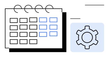 İşaretli tarihler ve bitişik dişli simgesi olan takvim zaman, otomasyon veya görev optimizasyonunu sembolize ediyor. Zaman yönetimi, planlama, organizasyon, iş akışı, otomasyon, ayarlar için ideal