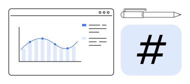 Çizgi grafik ve veri noktalarıyla analitik çizelge, kalem vurgu notları, trend başlıkları için kalın meta veri etiketi. Dijital pazarlama, analitik, araştırma, iş, teknoloji ve iletişim için ideal
