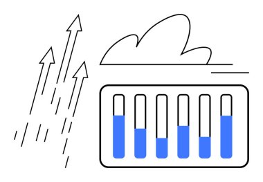 Ölçümleri, yukarı doğru büyüyen okları, depolama için bulut elementini gösteren ilerleme çubukları. Veri takibi, büyüme raporu, bulut hizmetleri, teknoloji, iş stratejisi, ilerleme sade iniş sayfası