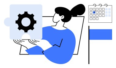 Elindeki bulmaca parçası problem çözme, planlama ve takım çalışmasını sembolize ediyor. Takvim ve bayrak programlama, verimlilik ve hedef takibi içerir. Strateji, iş akışı ve başarı için ideal