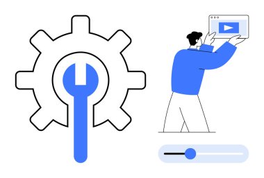İngiliz anahtarı ayarlarıyla donatılmış, video oynatıcı penceresi tutan adam ayarlamalar için kaydırıyor. Teknoloji, ayarlar, ortam, özelleştirme, kullanıcı arayüzü, basit iniş onarımı için ideal