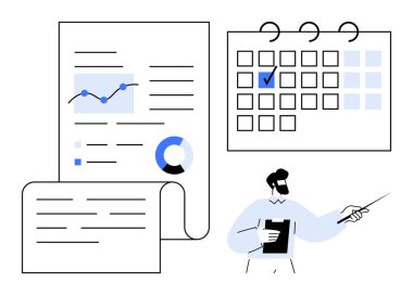 Grafik ve çizelgeli raporlar, işaretli tarihli takvim, profesyonel tutuş panosu ve işaret. Zamanlama, analiz, planlama, strateji, takım çalışması, yönetim hedefi izleme için ideal