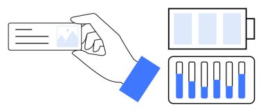 Kimlik kartı, mavi bölümlü pil göstergesi ve sıvı örneklerini gösteren test tüpleri. Sağlık, tanı, enerji yeniliği, laboratuvar araştırması ve teknoloji için ideal