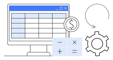Hesap tablosu olan bilgisayar ekranı, hesaplamalar için matematiksel semboller dolar işareti, çark, dairesel ok. Finans, otomasyon, veri analizi, iş süreci optimizasyonu için ideal