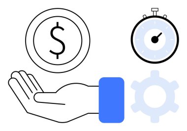 Yanında kronometre ve teçhizatla birlikte bir dolar bozuk para tutuyor. İş, mali planlama, verimlilik, zaman yönetimi, verimlilik, ekonomik değer süreci iyileştirme için idealdir. Düz