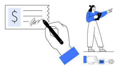 Çek imzalayan, elinde tablet tutan bir kadın ve ödeme düğmesi. Finans, bankacılık, pazarlama, e-ticaret, müşteri iletişimi, dijital hizmetler için ideal basit iniş sayfası