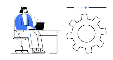 Masada oturan kişi, yanında işlem yönetimini sembolize eden vites simgesi olan bir dizüstü bilgisayar kullanıyor. Çalışma akışı, üretkenlik, otomasyon, ofis görevleri, teknoloji, geliştirme, basit iniş sayfası için ideal
