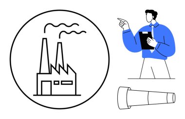 Dairenin içinde baca bacaları olan bir fabrika binası, elinde pano tutan bir adam, teleskop. Endüstri, çevre, denetim, planlama, hava kalitesi ekip çalışması için ideal. Basit düz