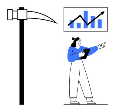 Kadın karakter tableti, bir maden kazmasının yanındayken yukarı doğru grafikle işaret ediyor. Ticari büyüme, analitik, veri madenciliği, kaynak yönetimi, yenilik, eğitim, basit