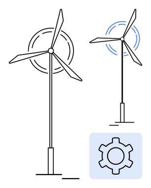 Dairesel hareket çizgileriyle enerji üreten iki rüzgar türbini ve yanında bir vites simgesi. Yenilenebilir enerji, sürdürülebilirlik, yenilik, temiz teknoloji, çevre dostu çözümler, yeşil