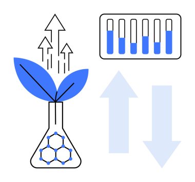 Yaprakları ve moleküler yapısı olan bitkiler şişede, yukarı çıkan oklar, test tüpleri ve soyut oklar. Biyoteknoloji, sürdürülebilirlik, ekolojik yenilik, büyüme analizi ve yenilenebilir yeşil bilim için ideal