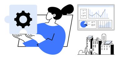 Dişli bulmaca parçası tutan kadın problem çözmeyi simgeliyor. Analitik gösterge paneli ve şehir manzarası veriye dayalı yaklaşımları temsil ediyor. Takım çalışması, yenilik, şehir planlaması, analiz, strateji için ideal