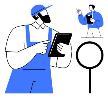 Tulum giyen işçiler tablet kullanır, pano tutarken denetleyici jestler yapar, büyüteç odak noktasını simgeler. Takım çalışması, rehberlik, iş akışı, teftiş, denetim ve teknoloji için ideal