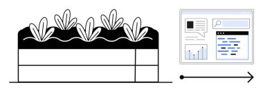 Toprakta büyüyen yapraklı bitkiler, aşağıda kutu bölümleri ve çizelge ve metin içeren dijital bir gösterge paneli. Sürdürülebilirlik, yenilik, veri analizi, tarım, ekoloji, teknoloji için ideal basit