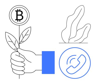 Bitcoin sembollü el kamerası, soyut bitki çizimi, telefon ikonu. Finans, büyüme, yenilik, sürdürülebilirlik, iletişim, kripto para birimi basit iniş sayfası için ideal