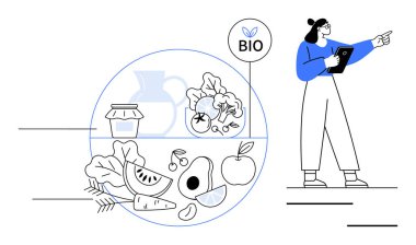 Elinde organik meyve, sebze ve yiyecek içeren bir tableti işaret eden bir tablet tutan kadın. Sağlık, sürdürülebilirlik, organik tarım, çevre dostu yaşam tarzı, gıda teknolojisi, beslenme basit