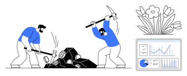 İşçiler malzemeleri kırmak için aletler, büyümeyi sembolize eden çiçekler ve veri içgörüsünü destekleyen analitik gösterge paneli kullanıyorlar. Takım çalışması, üretkenlik, büyüme, analiz, çaba ve denge için ideal