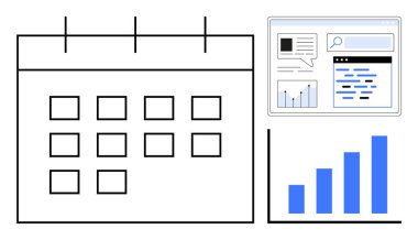 Takvim düzeni, arama arayüzü ve bar çizelgesi planlama, veri analizi ve verimlilik. Zamanlama, araştırma, analitik, iş akışı optimizasyon veri trendleri iş için idealdir