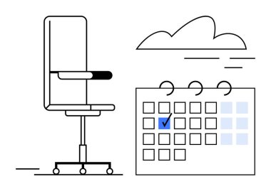 Belirli bir tarih ve bulutun olduğu bir takvimin yanında ofis sandalyesi, zamanlamayı, planlamayı, çalışma alanı organizasyonunu, uzaktan çalışmayı, zaman yönetimini, verimliliği ve teslim tarihlerini sembolize ediyor. İdeal