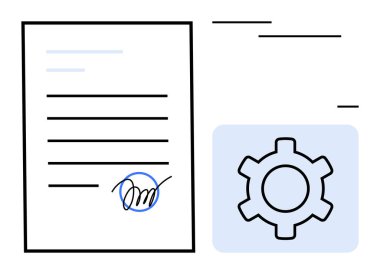İşlem otomasyonu ve bütünleşmeyi sembolize eden bir vites simgesinin yanında imzalanmış belge. Sözleşme yönetimi için ideal, dijital dönüşüm, iş akışı tasarımı, iş süreçleri, verimlilik, teknoloji