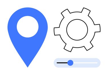 Mavi konum pimi, vites sembolü ve yatay kaydırıcı navigasyon, sistem ayarları ve özelleştirmeyi temsil ediyor. Teknoloji, uygulamalar, haritalar, kullanıcı arayüzü tercihleri için ideal basit optimizasyon