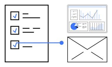 Görev kontrol listesi bir zarf simgesinin yanında çizelge ve grafikleri gösteren bir panele bağlandı. Üretkenlik, proje yönetimi, iş akışı optimizasyonu, veri analizi, organizasyon için ideal