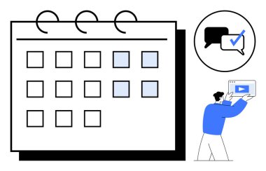 Vurgulanmış tarihler, konuşma baloncukları ve görev tamamlama simgeleriyle büyük bir takvim. Elinde video oynatıcı olan kişi. Program, verimlilik, planlama, organizasyon, iş akışı toplantıları için ideal basit