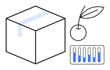 Şeritli geometrik kutu, meyve simgesi, gölgeli çubuklu dikey bar tablosu. Lojistik, tarım, ambalaj, veri analizi, ürün izleme, tedarik zinciri sade iniş sayfası için ideal