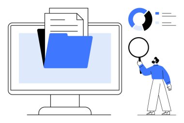 Açık klasörü ve belgeleri olan masaüstü monitörü, analitik gösterge paneli, büyüteç tutan kişi. Veri organizasyonu, dosya erişimi, araştırma, analitik, üretkenlik ve eğitim için ideal basit