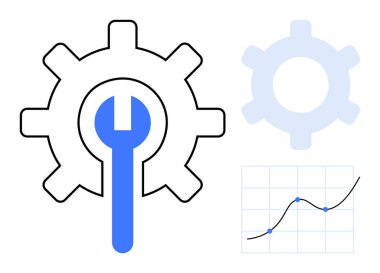 İngiliz anahtarlı vites, bakım ve geliştirmeyi sembolize eder. Komşu grafik büyüme izlerini gösteriyor. Teknoloji için ideal, süreç optimizasyonu, strateji, analitik, mühendislik, yönetim, düz basit