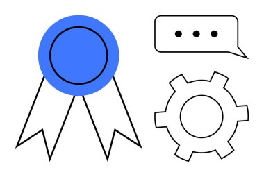 Başarı için iki kuyruklu mavi kurdele üretkenlik için vites ve iletişim için noktalı konuşma balonu. Başarı, işbirliği, takım çalışması, geri bildirim, tanınma, yenilik için idealdir.