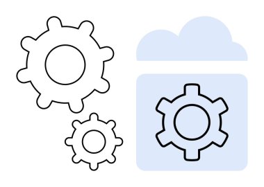 Dişliler bir bulut simgesi, teknoloji, yenilik, bulut hesaplama, ağ oluşturma ve sistem yönetimi yanında işlem otomasyonunu ve senkronizasyonu sembolize eder. Teknoloji, iş ve bilişim için ideal.