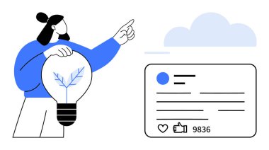 İçinde bitki bulunan ampulü tutan kişi, yukarı doğru bulutu işaret ediyor, sosyal medya panelinin yanı sıra başparmaklar ve yorumlar. Yaratıcılık, yenilik, sosyal medya, markalaşma için ideal, çevrimiçi