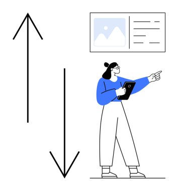 Tabletli bir kadın, büyüme eğilimlerini temsil eden oklarının yanındaki veri sunum panosuna işaret ediyor. İş analizi için ideal, veri sunumu, mali büyüme, takım stratejisi, pazar