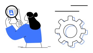 Büyüteç, dişli simgesi sistem verimliliğini ve süreçlerini simgeleyen kullanıcı profilini inceleyen bir kadın. İşe alım, insan kaynakları, veri analizi, teknoloji, yenilik, süreç odaklama, sistem için ideal